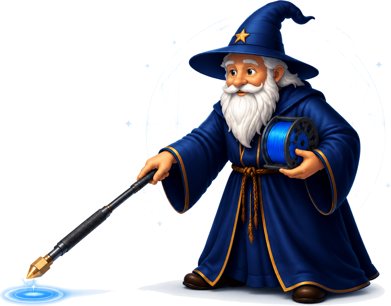Profile Logic Wizard mascot holding a blue filament spool and pointing his brass nozzle-tipped staff toward the Generate My Profile button